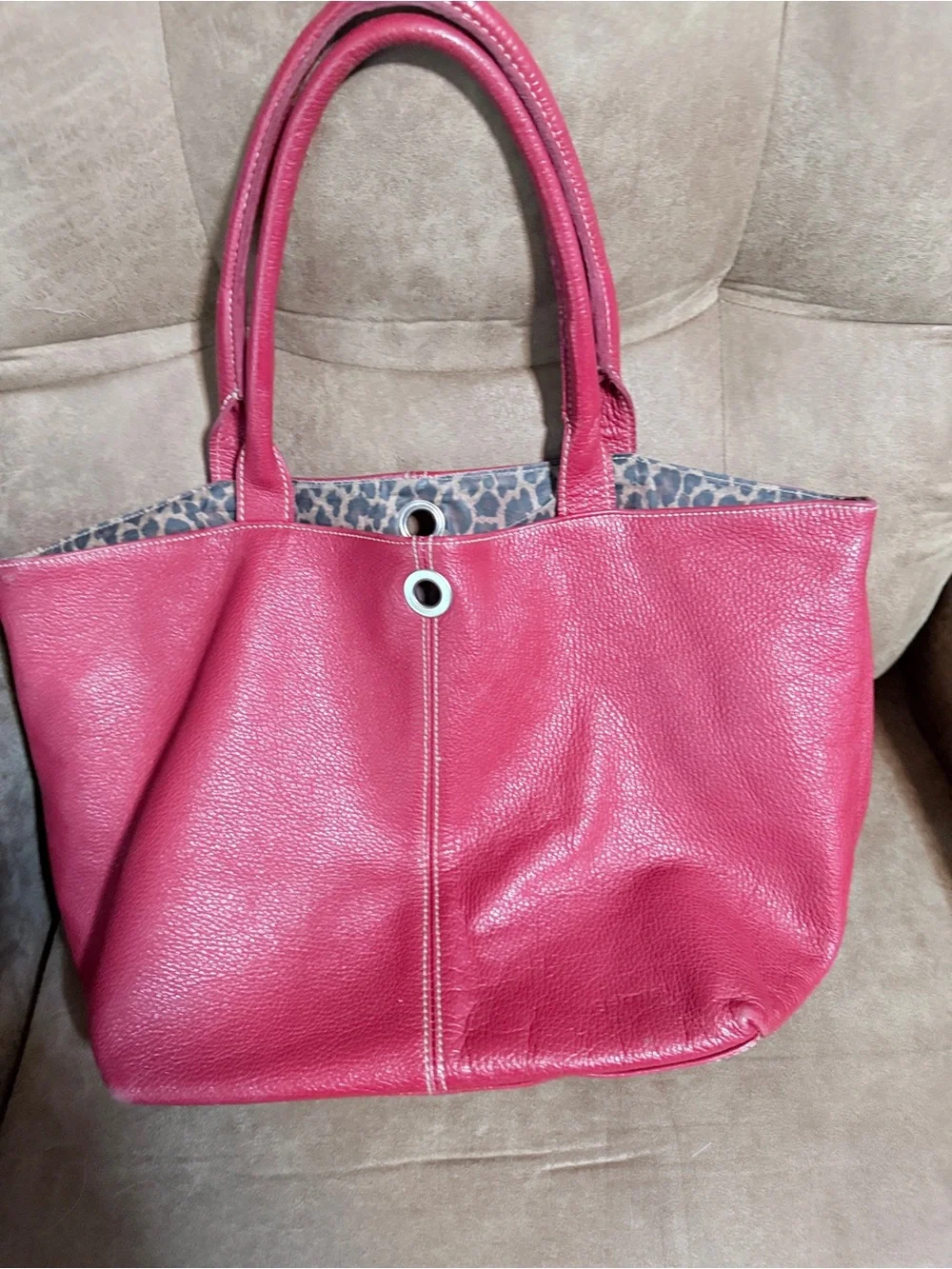Red Leather Tote Bag with Leopard-Print Lining